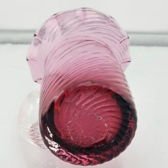 Pilgrim Glass Cranberry Swirl Pitcher Vase 3.5" clear handle ruffled rim texture - Picture 7 of 12